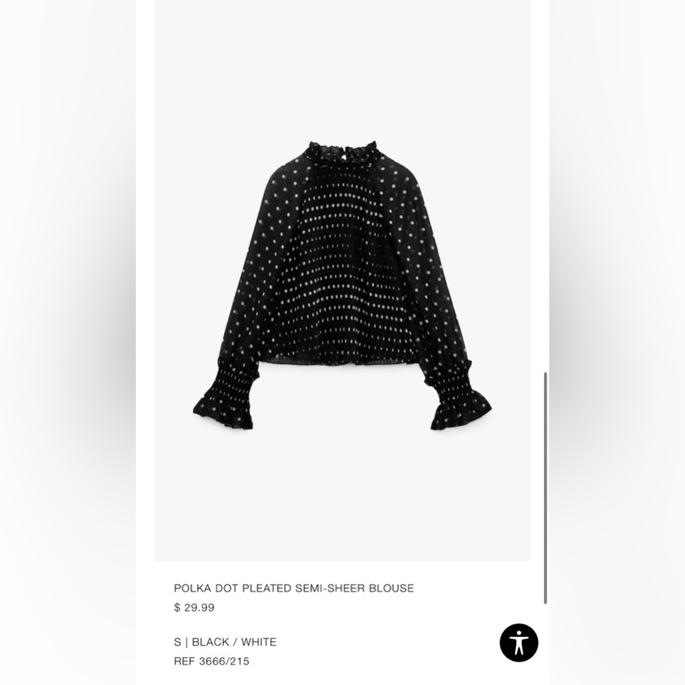 Zara Black and White Polka Dot Pleated Semi-Sheer Blouse